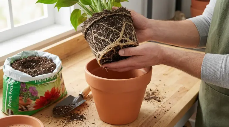 Una persona rinvasa una pianta in un vaso di terracotta, mostrando il pane di terra con radici fitte
