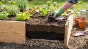 Mani con guanti trapiantano una piantina in un orto rialzato con strati di drenaggio e terriccio