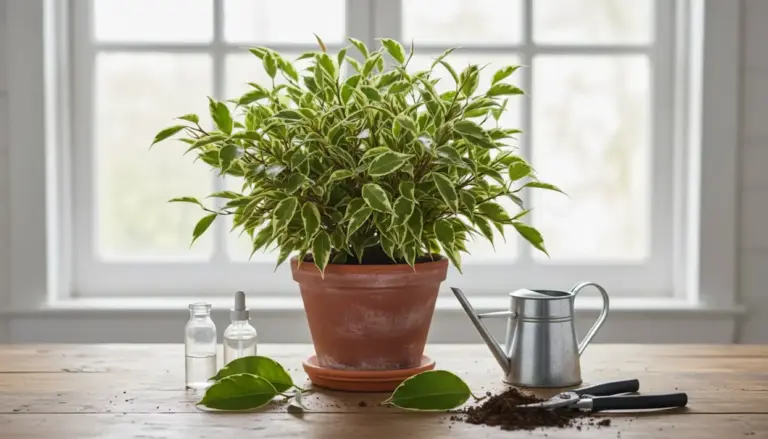 Ficus in vaso con foglie verdi e variegate su un tavolo, accanto ad annaffiatoio e attrezzi per la cura