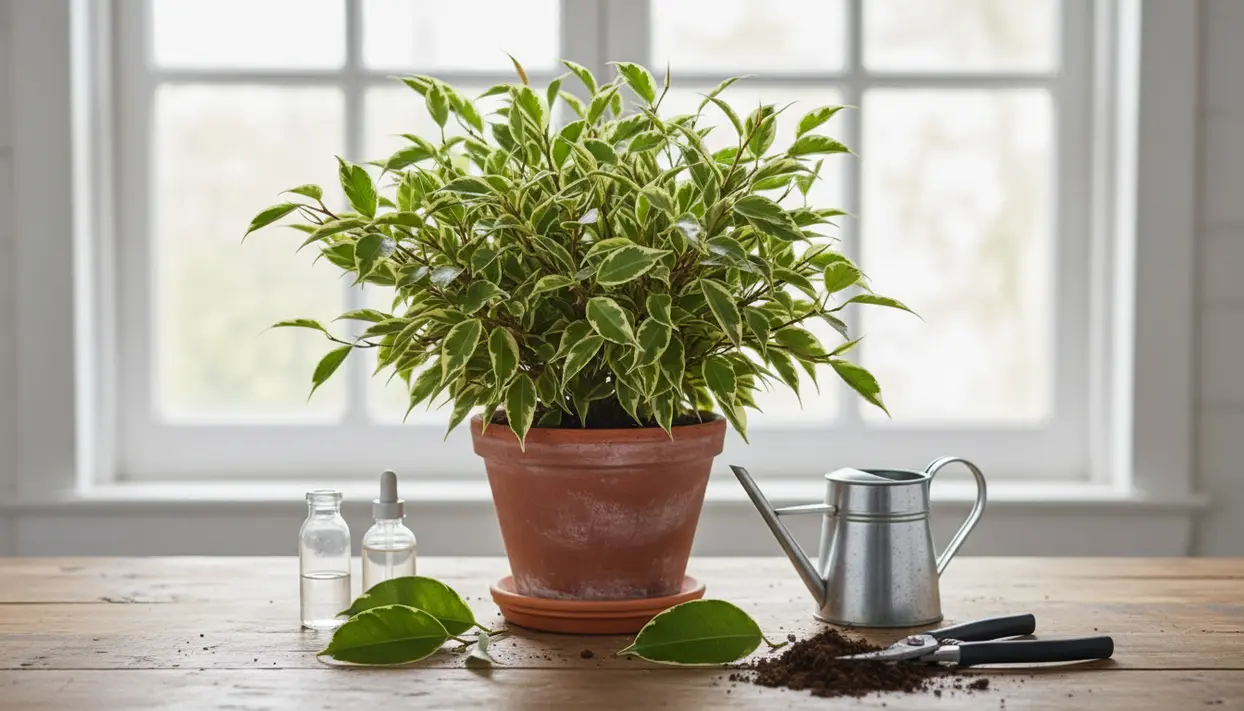 Ficus in vaso con foglie verdi e variegate su un tavolo, accanto ad annaffiatoio e attrezzi per la cura