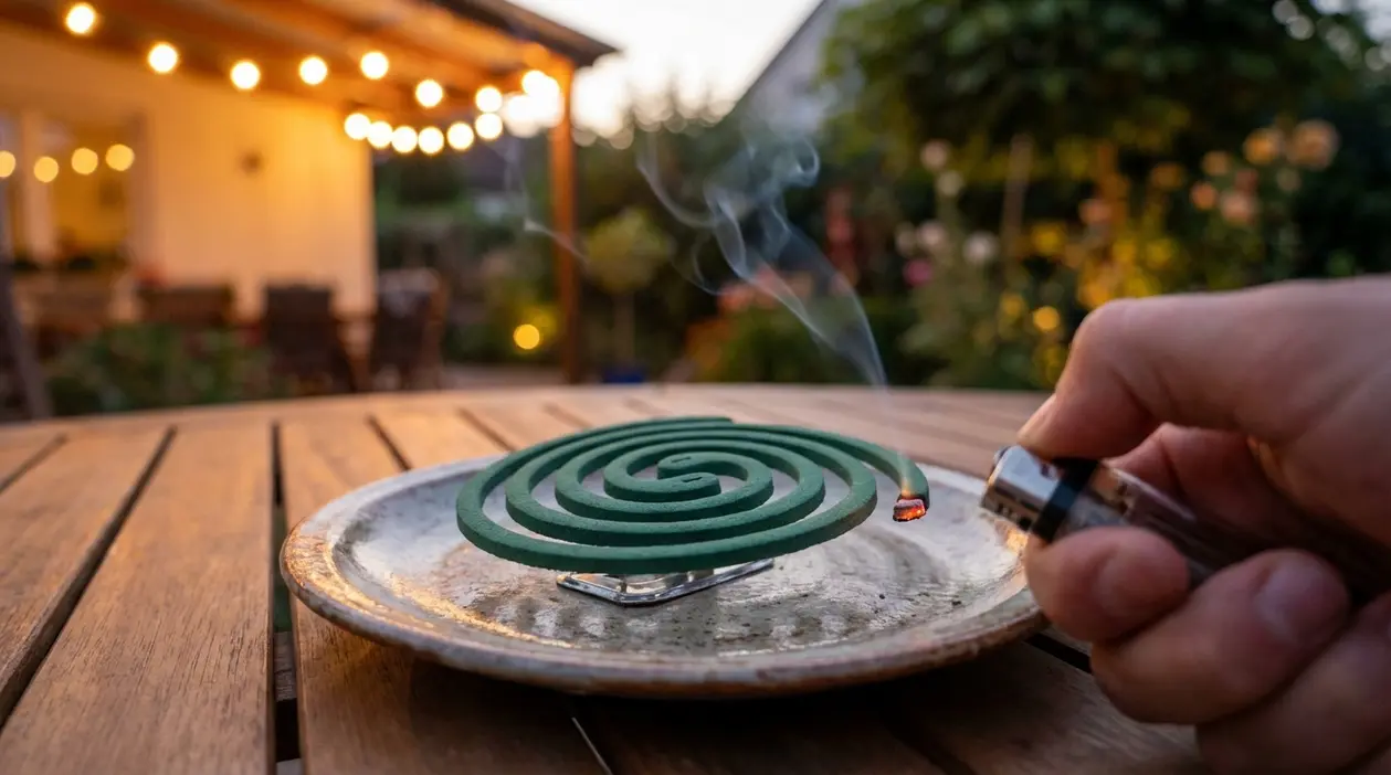 Una mano accende una spirale antizanzare su un piatto, all’aperto in giardino al tramonto