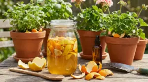 Barattolo con infuso di scorze di agrumi su tavolo da giardino, accanto a piante in vaso e attrezzi da giardinaggio