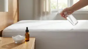 Mano che spruzza una soluzione su un materasso, con bicarbonato e flacone per eliminare gli acari