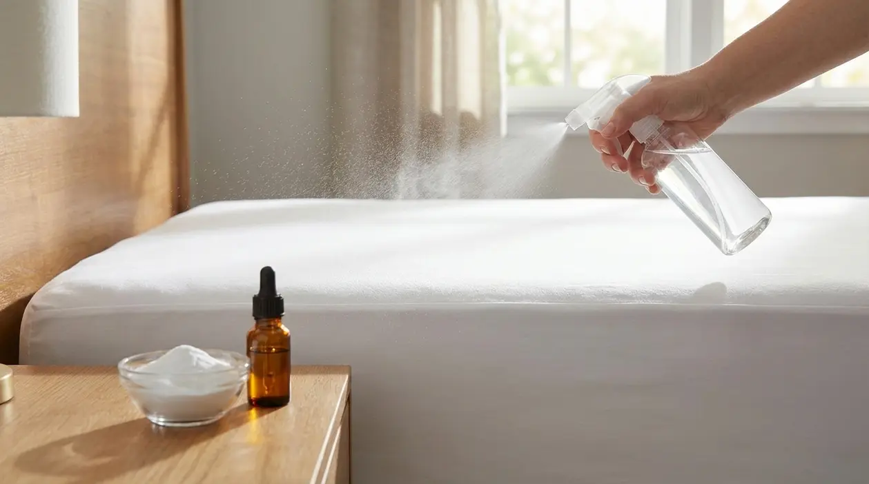 Mano che spruzza una soluzione su un materasso, con bicarbonato e flacone per eliminare gli acari
