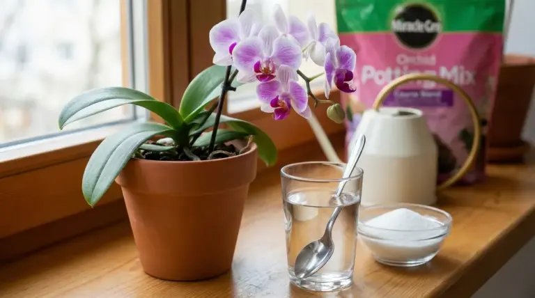 Orchidea Phalaenopsis in vaso sul davanzale con bicchiere d’acqua, cucchiaio e ciotola di ingrediente comune