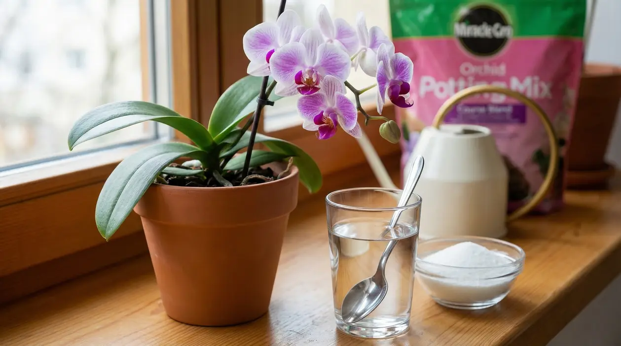 Orchidea Phalaenopsis in vaso sul davanzale con bicchiere d’acqua, cucchiaio e ciotola di ingrediente comune