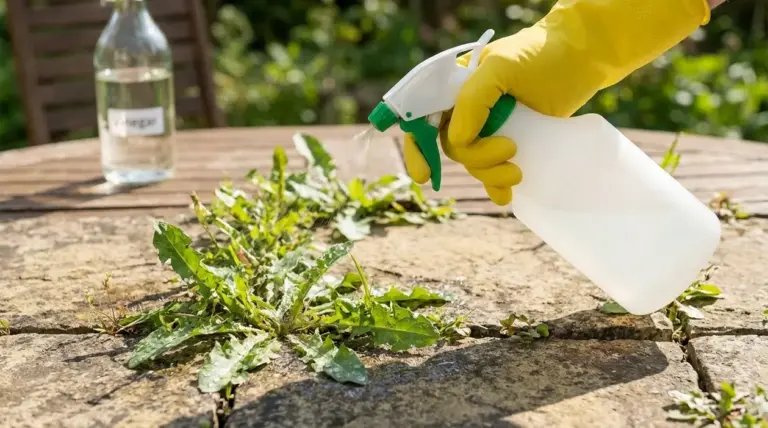 Mano con guanto giallo spruzza una soluzione sulle erbacce tra le fughe del patio, con bottiglia di aceto sullo sfondo