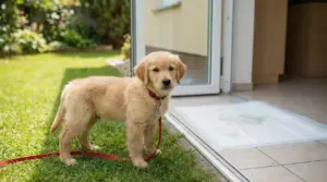 Cucciolo di cane al guinzaglio vicino alla porta-finestra, sul prato accanto a una traversina assorbente