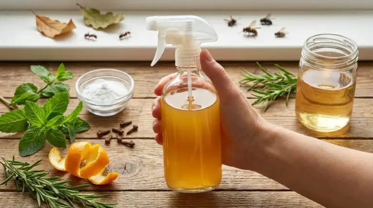 Mano che tiene uno spray con insetticida naturale fai da te, con menta, rosmarino, aceto e bucce d’arancia sul tavolo