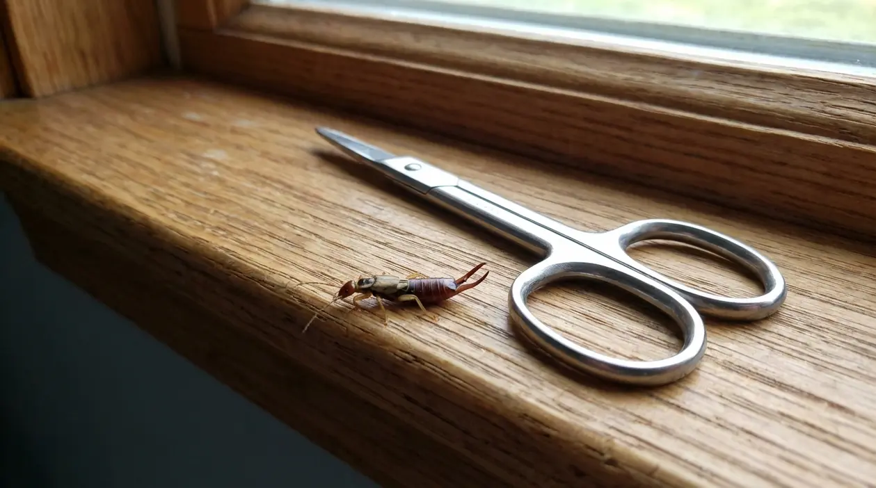 Insetto forbice su un davanzale di legno accanto a un paio di forbicine metalliche