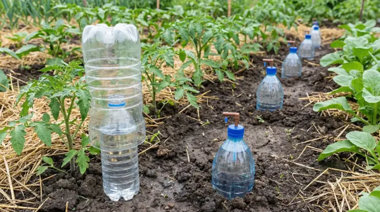 Bottiglie di plastica riciclate usate per irrigazione a goccia nell’orto tra file di piante