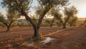 Oliveto con impianto di irrigazione a goccia e terreno umido attorno alla base di un olivo al tramonto