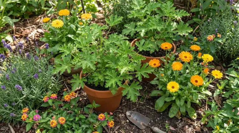 Vasi di geranio odoroso e altre piante aromatiche in giardino, utili per tenere lontane le zanzare