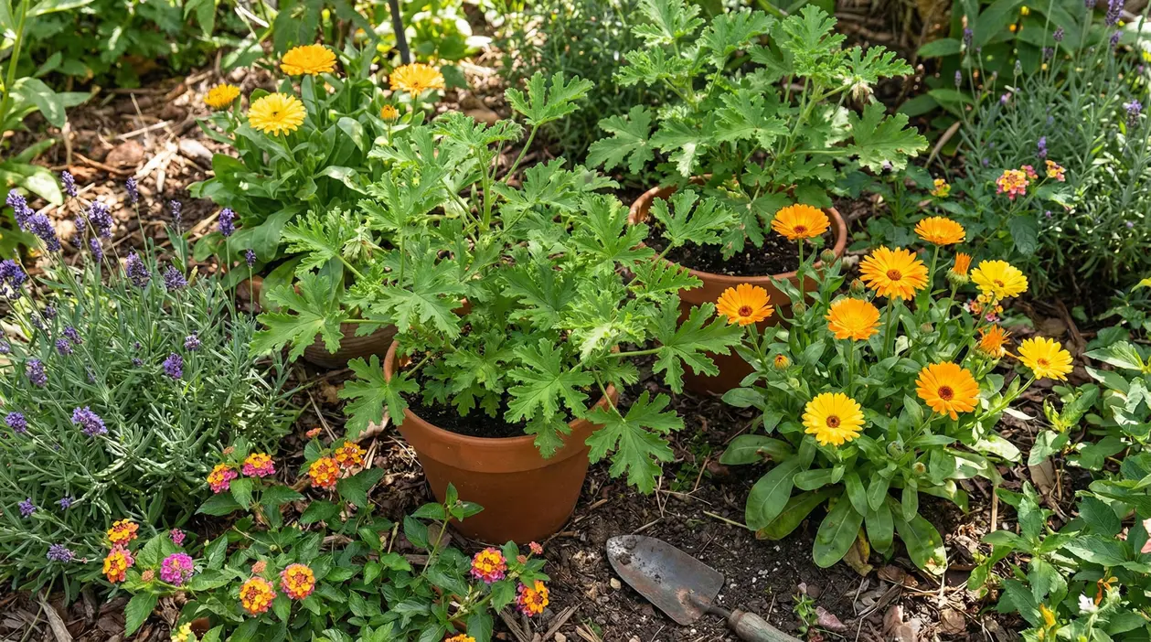 Vasi di geranio odoroso e altre piante aromatiche in giardino, utili per tenere lontane le zanzare