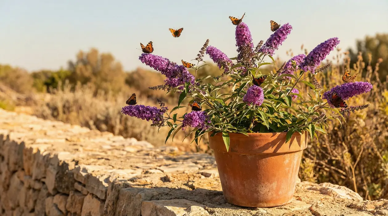Pianta di buddleja in vaso con fiori viola e farfalle, ideale per un giardino facile da curare