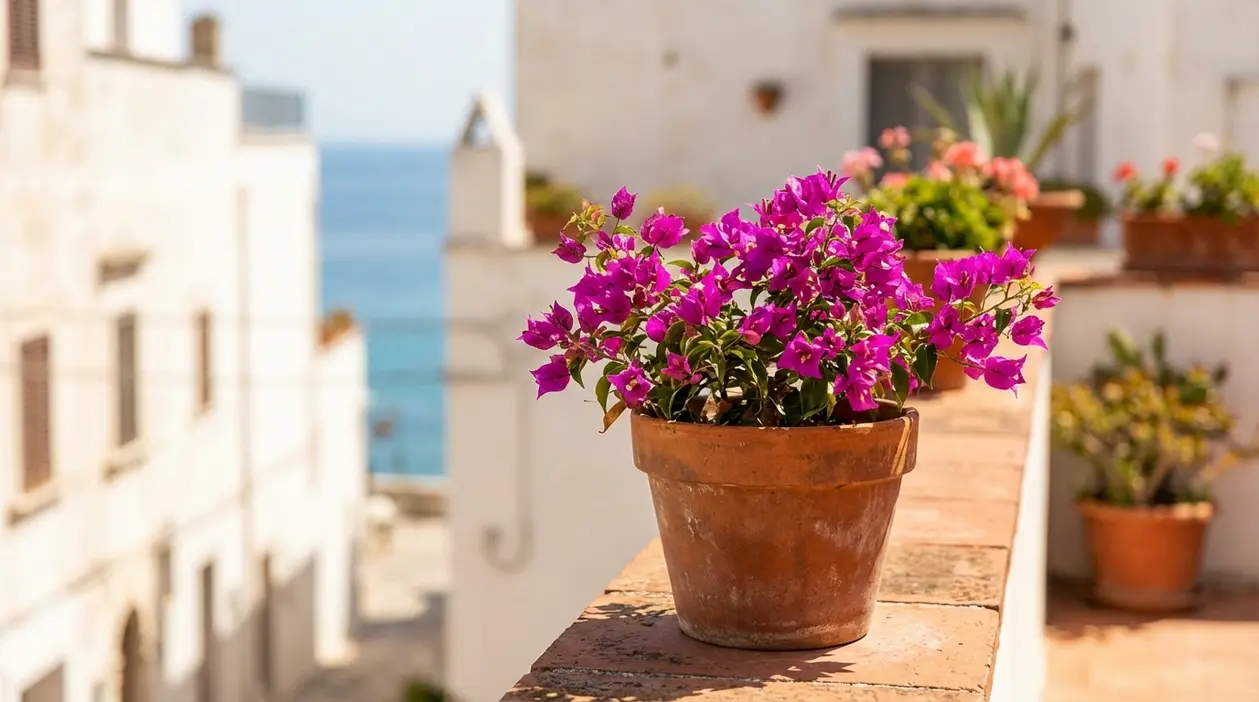 Bougainvillea fucsia in vaso di terracotta su un balcone soleggiato con case bianche e mare sullo sfondo