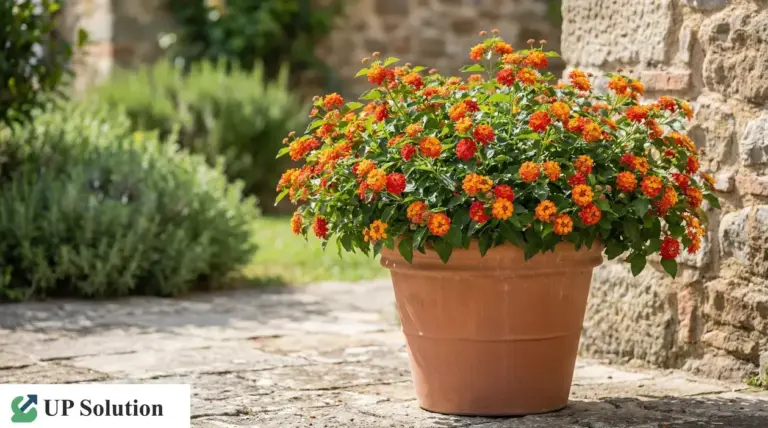 Pianta fiorita arancione e rossa in vaso di terracotta su patio in pietra, vicino a un muro esterno