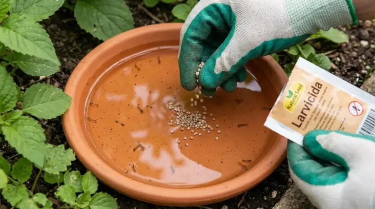 Mani con guanti versano larvicida in un sottovaso con acqua per eliminare le larve di zanzara