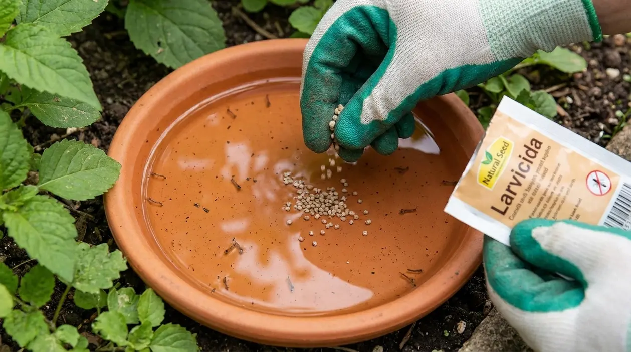 Mani con guanti versano larvicida in un sottovaso con acqua per eliminare le larve di zanzara