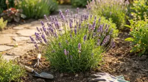 Pianta di lavanda fiorita in giardino vicino a attrezzi da giardinaggio, utile come repellente naturale per insetti
