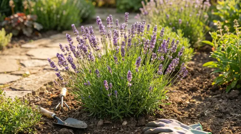 Pianta di lavanda fiorita in giardino vicino a attrezzi da giardinaggio, utile come repellente naturale per insetti