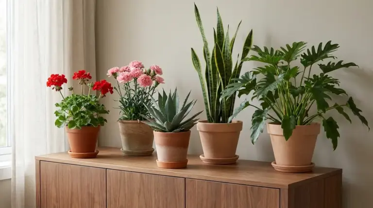 Cinque piante da interno in vaso su un mobile, tra cui sansevieria, geranio, garofani, agave e filodendro