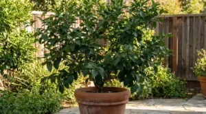 Albero di limone in vaso su un patio in giardino, con chioma verde e nessun frutto visibile
