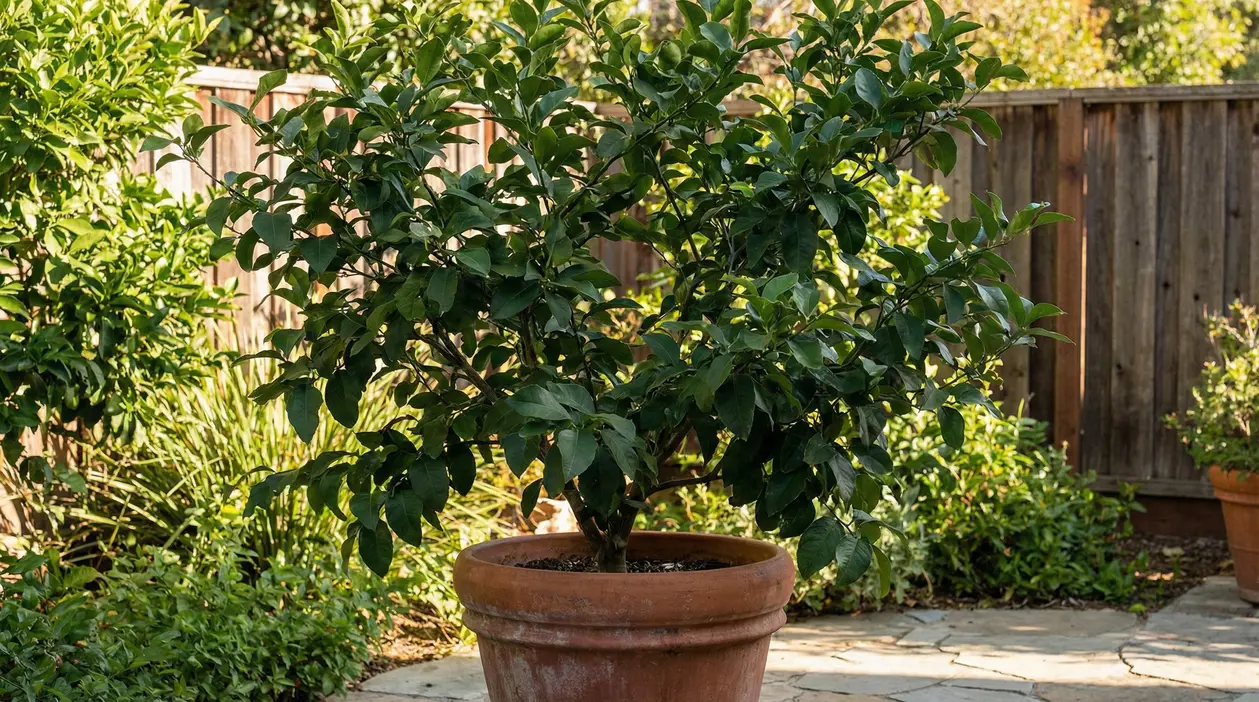 Albero di limone in vaso su un patio in giardino, con chioma verde e nessun frutto visibile