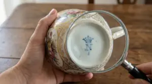 Mano che osserva con lente d’ingrandimento il marchio sotto una tazza di porcellana decorata a mano