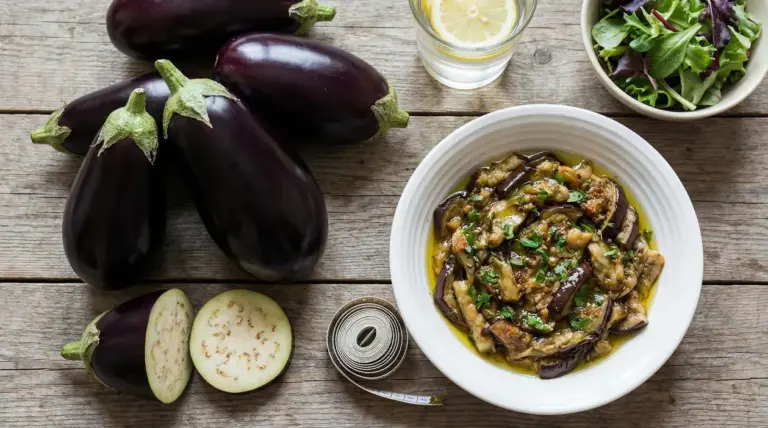 Melanzane fresche e piatto di melanzane cotte con erbe e olio, con limone e insalata su tavolo di legno