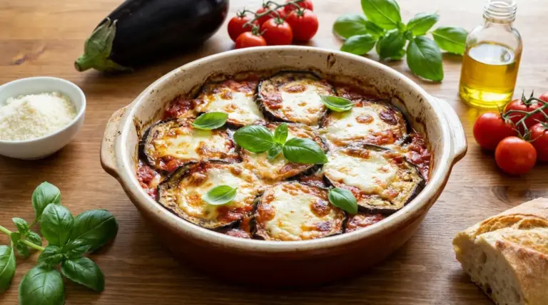 Melanzane alla parmigiana al forno in teglia con mozzarella fusa e basilico, su tavolo con pomodori e olio