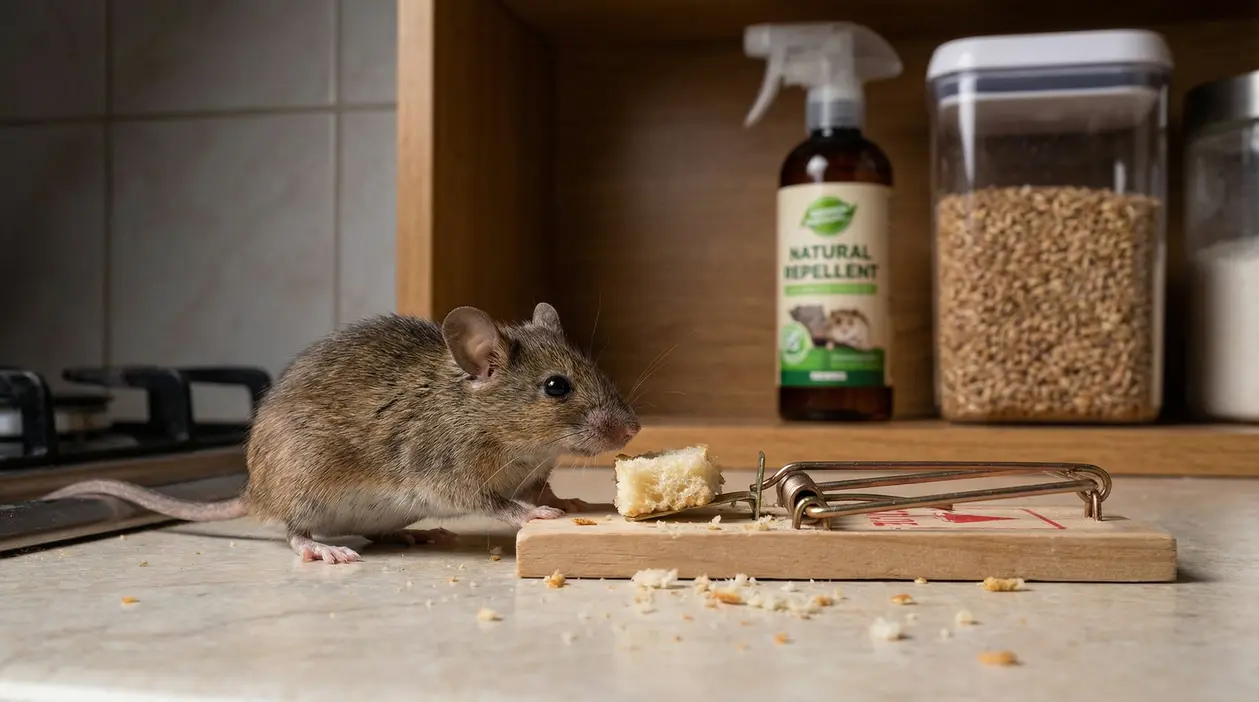 Topo in cucina vicino a una trappola con esca di pane, con contenitori di cibo sullo sfondo