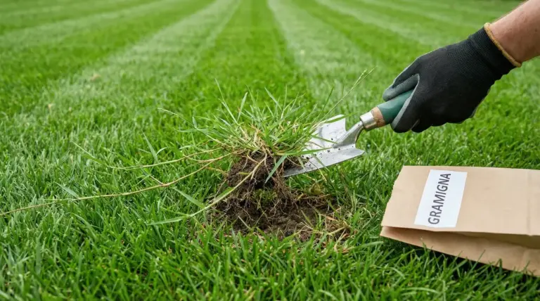 Mano con guanto estirpa la gramigna dal prato con una paletta da giardino, mostrando radici e zolla di terra.