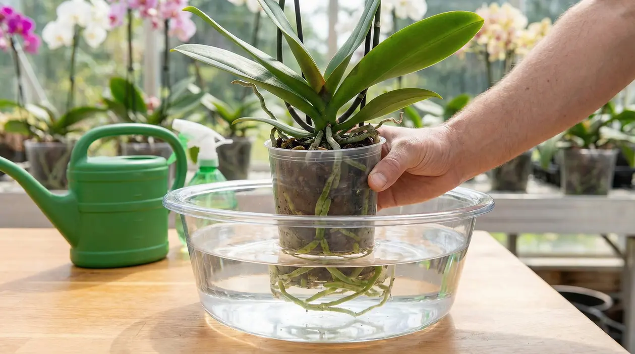 Mano che immerge un’orchidea in vaso trasparente in una bacinella d’acqua per irrigazione dal basso