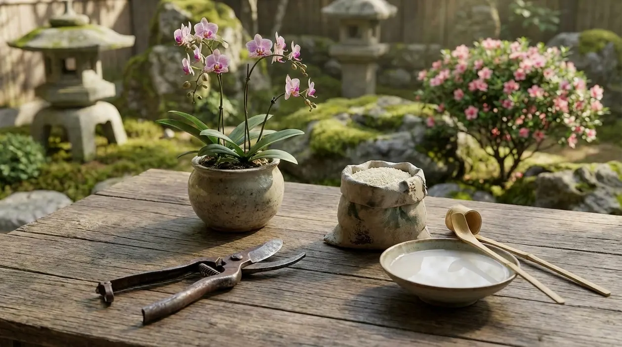 Orchidea in vaso su tavolo di legno con forbici e ingredienti naturali in un giardino giapponese
