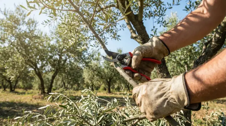 Mani con guanti potano un ramo di ulivo con cesoie in un oliveto soleggiato