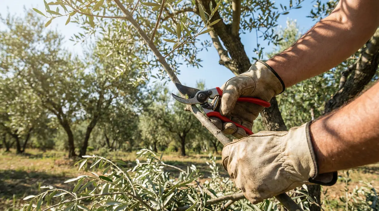 Mani con guanti potano un ramo di ulivo con cesoie in un oliveto soleggiato