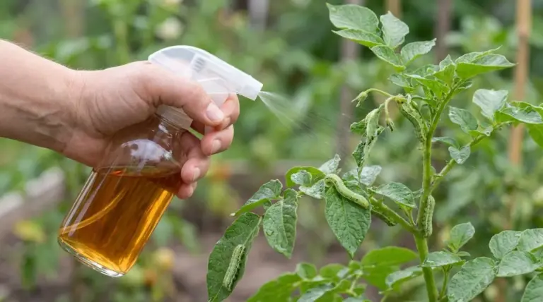 Mano che spruzza un rimedio naturale su una pianta infestata da bruchi verdi in giardino