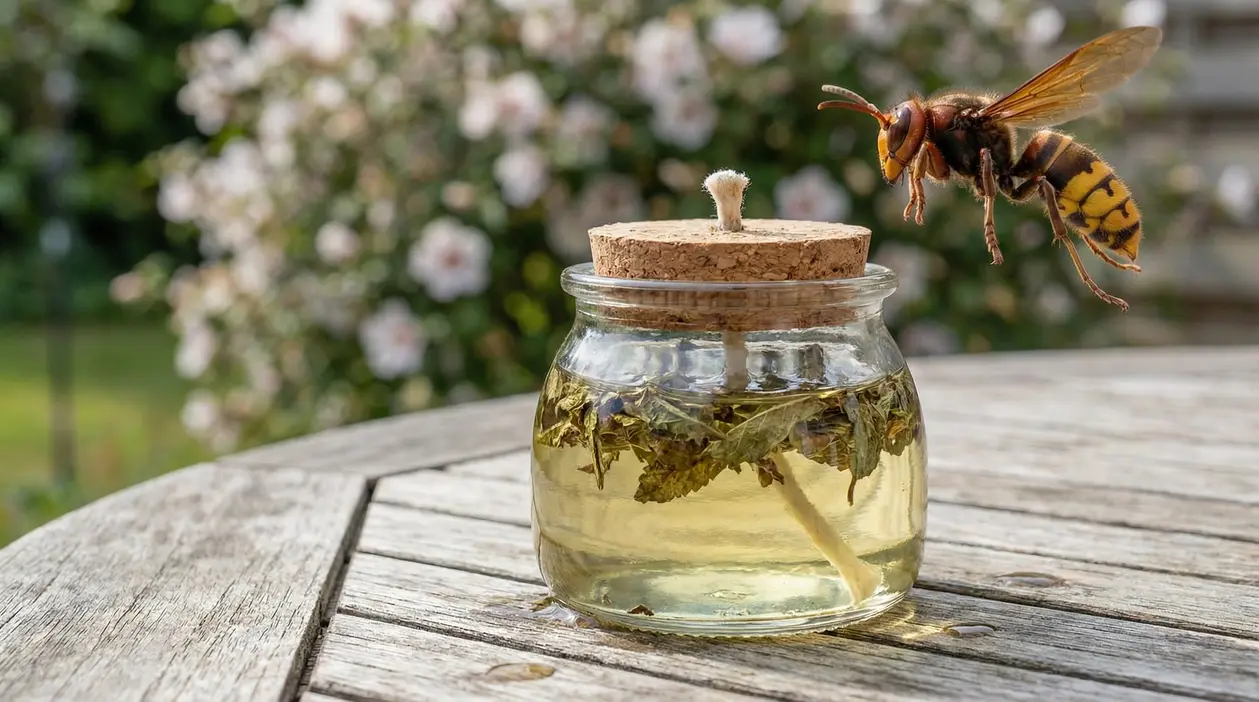 Calabrone vicino a un barattolo con infuso di erbe e stoppino su tavolo da giardino, rimedio naturale repellente