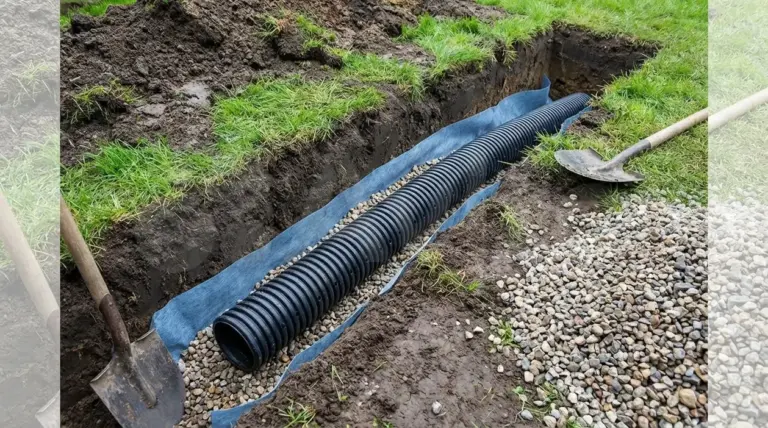 Tubo drenante in trincea con geotessile e ghiaia per migliorare il drenaggio del terreno in giardino