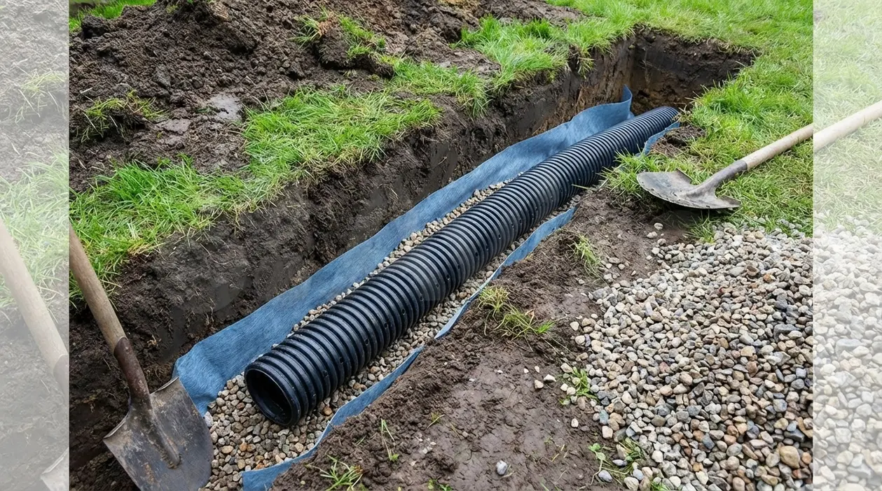 Tubo drenante in trincea con geotessile e ghiaia per migliorare il drenaggio del terreno in giardino