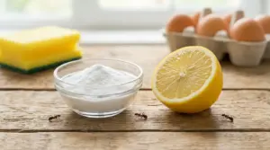 Formiche in cucina accanto a limone e bicarbonato su un tavolo di legno
