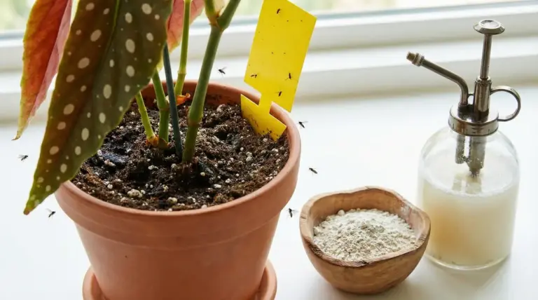 Pianta in vaso con trappola adesiva gialla e moscerini del terriccio sul davanzale, con rimedi naturali accanto