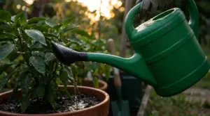 Annaffiatoio verde che bagna una pianta in vaso al tramonto in giardino