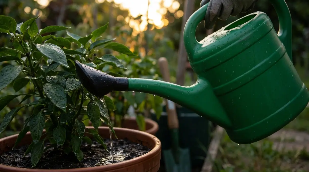 Annaffiatoio verde che bagna una pianta in vaso al tramonto in giardino