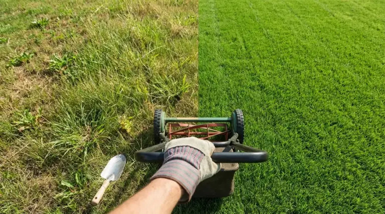 Tagliaerba a spinta su prato, con confronto tra erba secca e prato verde appena rasato
