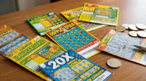 Gratta e vinci assortiti su un tavolo con monete e una penna, simbolo di probabilità di vincita e nuove uscite