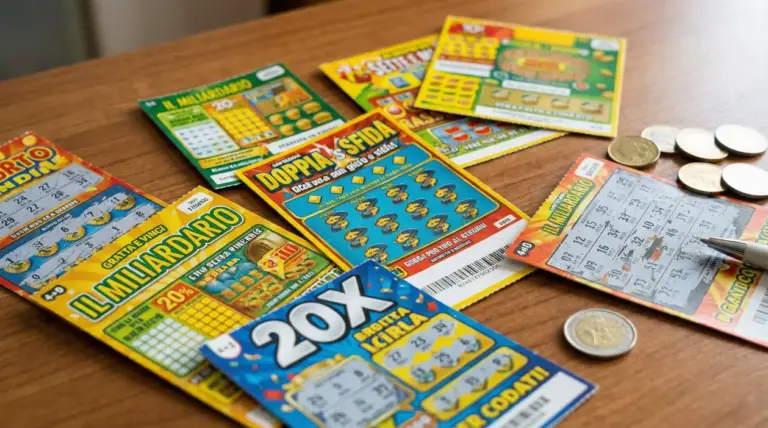 Gratta e vinci assortiti su un tavolo con monete e una penna, simbolo di probabilità di vincita e nuove uscite