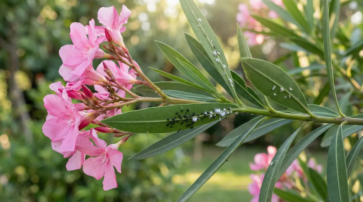 Ramo di oleandro con fiori rosa e foglie infestate da afidi e insetti bianchi in giardino