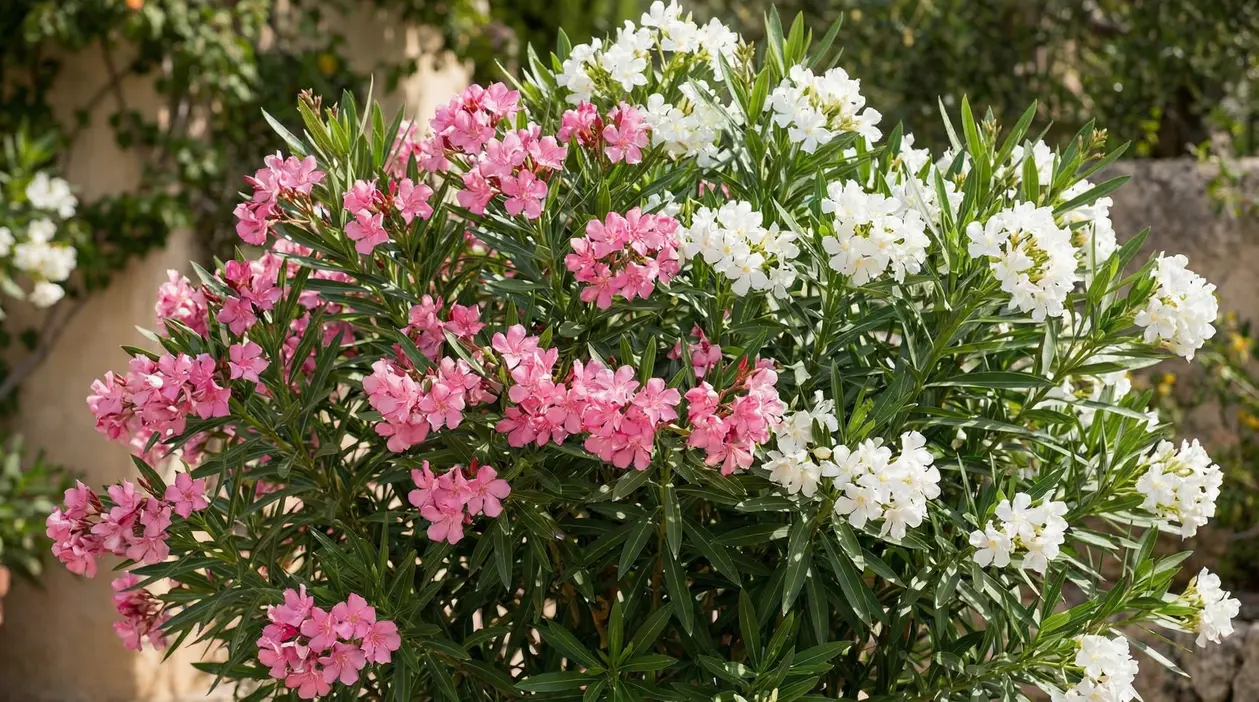 Cespuglio di oleandro con fiori rosa e bianchi in giardino, in piena fioritura